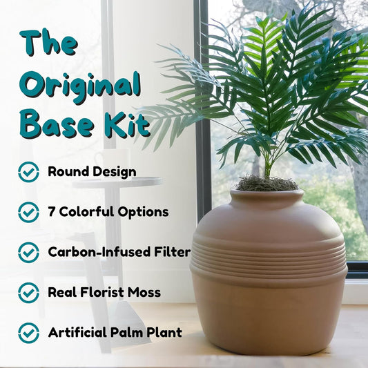 Hidden Cat Litter Box Enclosure with Artificial Plant, Decorative round Planter, Vented Carbon Charcoal Filter for Odor Control, Easy-To-Clean, Made in USA, Base Kit, Brown